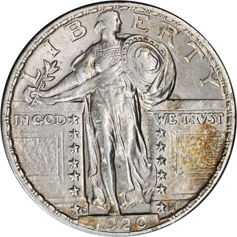 1920-S Standing Liberty Quarter Silver Nice AU/BU Eye Appeal: 1920-S Standing Liberty Quarter Silver Nice AU/BU Eye Appeal This 1920-S Standing Liberty Quarter showcases excellent eye appeal, featuring nice luster and a strong strike. The coin primarily exhibits