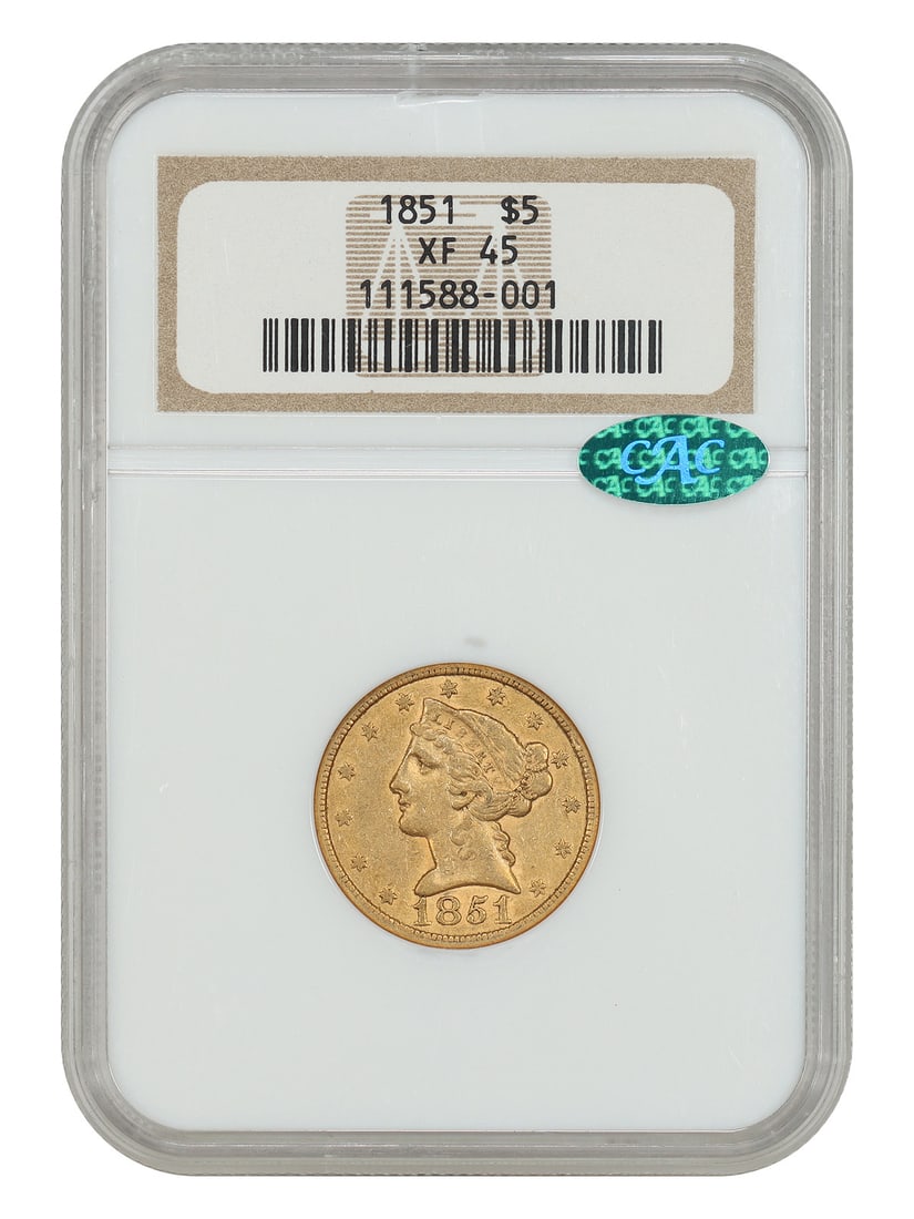 NGC CAC XF45 1851 Liberty Head $5 Gold Coin (1 of 4)