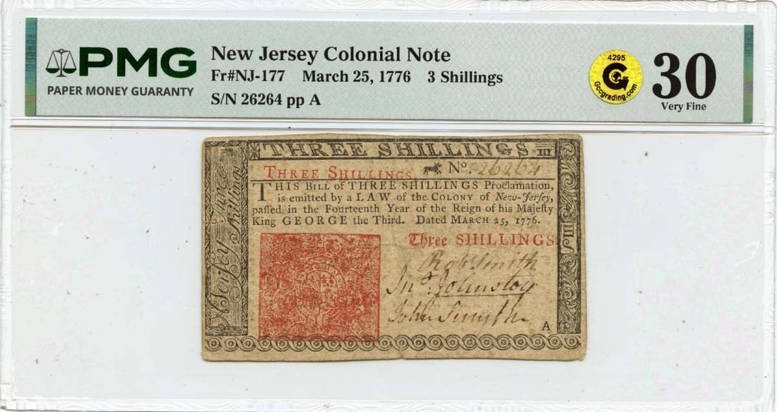 New Jersey Colonial 3 Shillings Note March 25 1776 PMG VF30: New Jersey Colonial 3 Shillings Note March 25 1776 PMG VF30 This is a 1776 March 25, 3 shillings New Jersey colonial note, certified by PMG with a grade of VF30. The note is circulated and originates