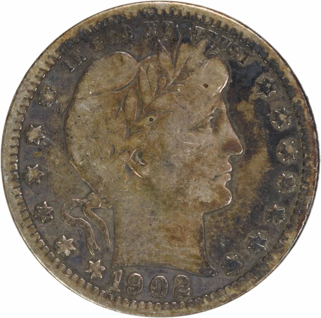 1902-O Barber Quarter 90% Silver F Uncertified Coin: 1902-O Barber Quarter 90% Silver F Uncertified Coin This 1902-O Barber Silver Quarter is a classic piece of numismatic history, featuring the artistry of designer Charles E. Barber. Minted in New Orle