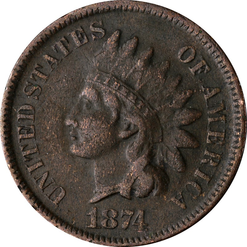 1874 Indian Cent Copper Coin Uncertified Circulated Collectible (1 of 2)