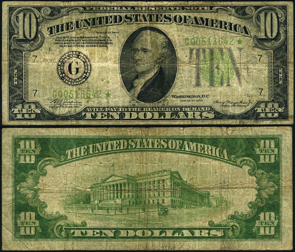 1934 $10 Federal Reserve Note Chicago G-* Block Fine STAR (1 of 3)