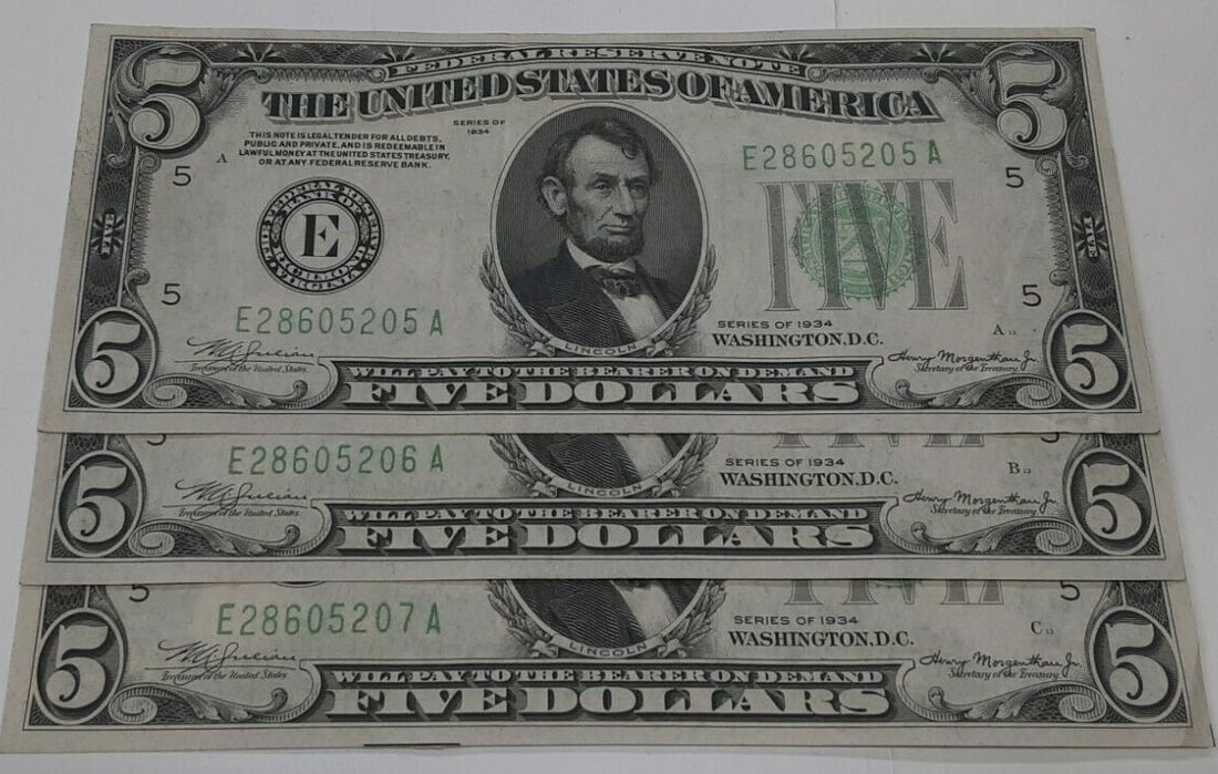 Three 1934 Richmond $5 Mule Federal Reserve Notes Consecutive Serial Numbers (1 of 2)