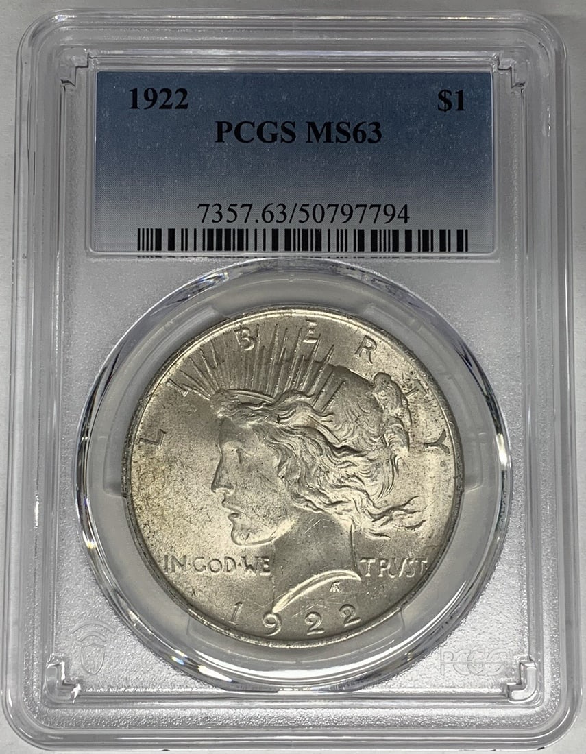 PCGS MS 63 1922 Peace Dollar Silver Coin United States: PCGS MS 63 1922 Peace Dollar Silver Coin United States This is a 1922 Peace Silver Dollar coin from the United States, certified by PCGS with a grade of MS 63. The coin has an uncirculated condition a