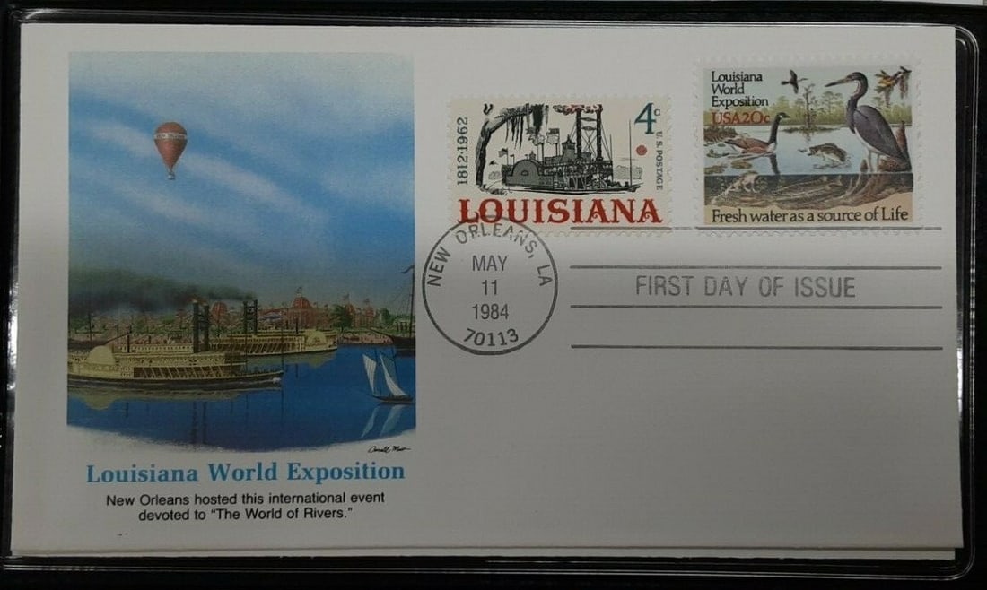 First Day Cover 1982 Louisiana Expo Stamp Set in Collector Folder: First Day Cover 1982 Louisiana Expo Stamp Set in Collector Folder This set commemorates the 1982 Louisiana World Exposition and includes a commemorative information card along with a First Day Cover p