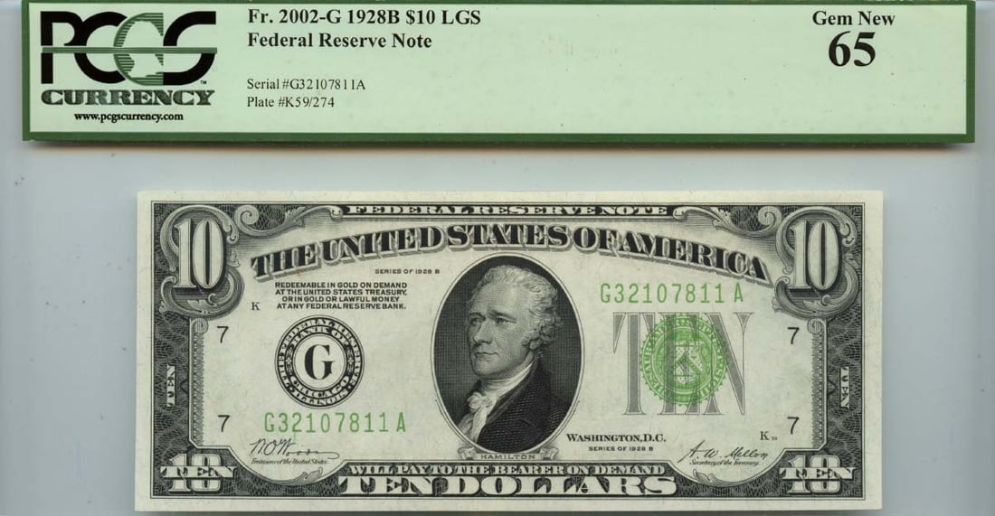 1928 $10 Chicago Federal Reserve Note FR#2002-G PCGS GEM 65 (1 of 2)