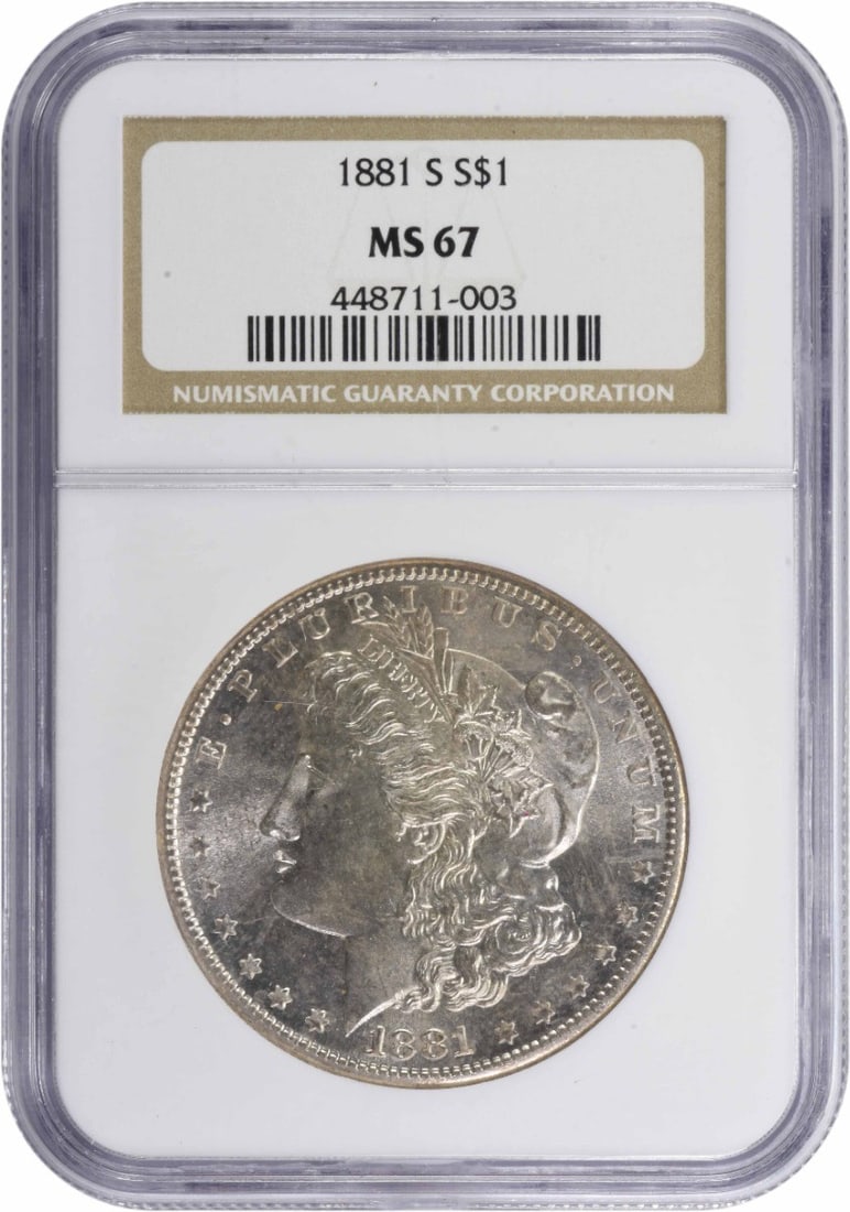 NGC MS67 1881 San Francisco Morgan Dollar 90 Percent Silver: NGC MS67 1881 San Francisco Morgan Dollar 90 Percent Silver This 1881-S Morgan Silver Dollar is graded MS67 by NGC and remains uncirculated. Minted in San Francisco, it features a composition of 90% s