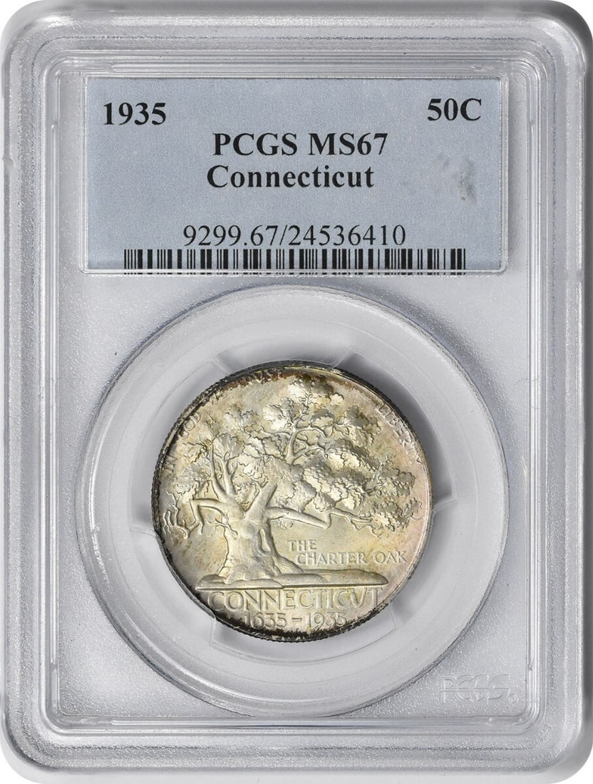 1935 Connecticut Commemorative Silver Half Dollar MS67 PCGS Certified: 1935 Connecticut Commemorative Silver Half Dollar MS67 PCGS Certified This 1935 Connecticut Commemorative Silver Half Dollar is a remarkable piece for collectors, featuring a high-grade MS67 certifica