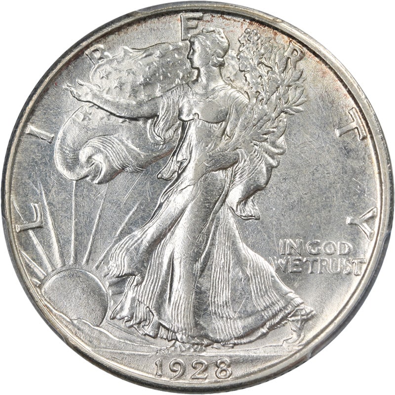 PCGS AU58 1928-S Silver Walking Liberty Half Dollar with Attractive Luster: PCGS AU58 1928-S Silver Walking Liberty Half Dollar with Attractive Luster This 1928-S Walking Liberty Half Dollar features attractive eye appeal with vibrant luster and a well-defined strike. Graded