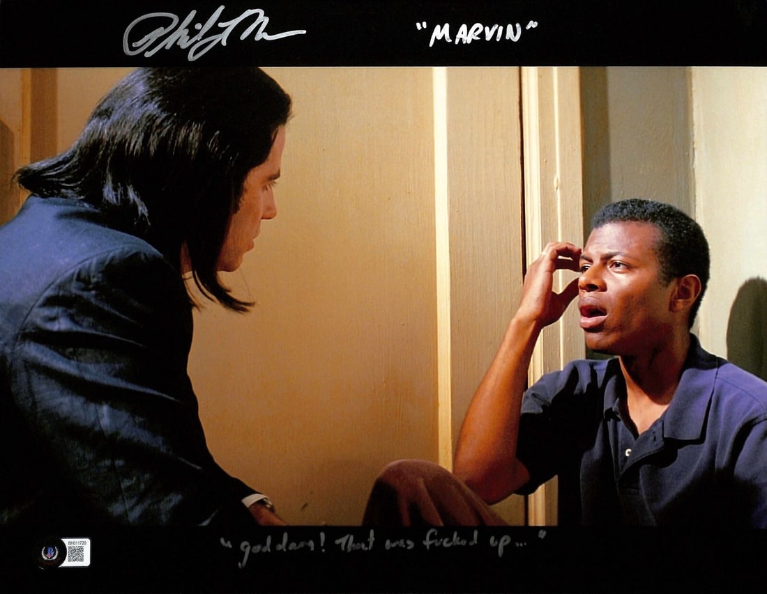 Phil LaMarr Signed Pulp Fiction 11x14 Photo Beckett Certified: Phil LaMarr Signed Pulp Fiction 11x14 Photo Beckett Certified This autographed 11x14 photograph features Phil LaMarr as "Marvin" from the iconic film Pulp Fiction. Signed in silver permanent marker, t
