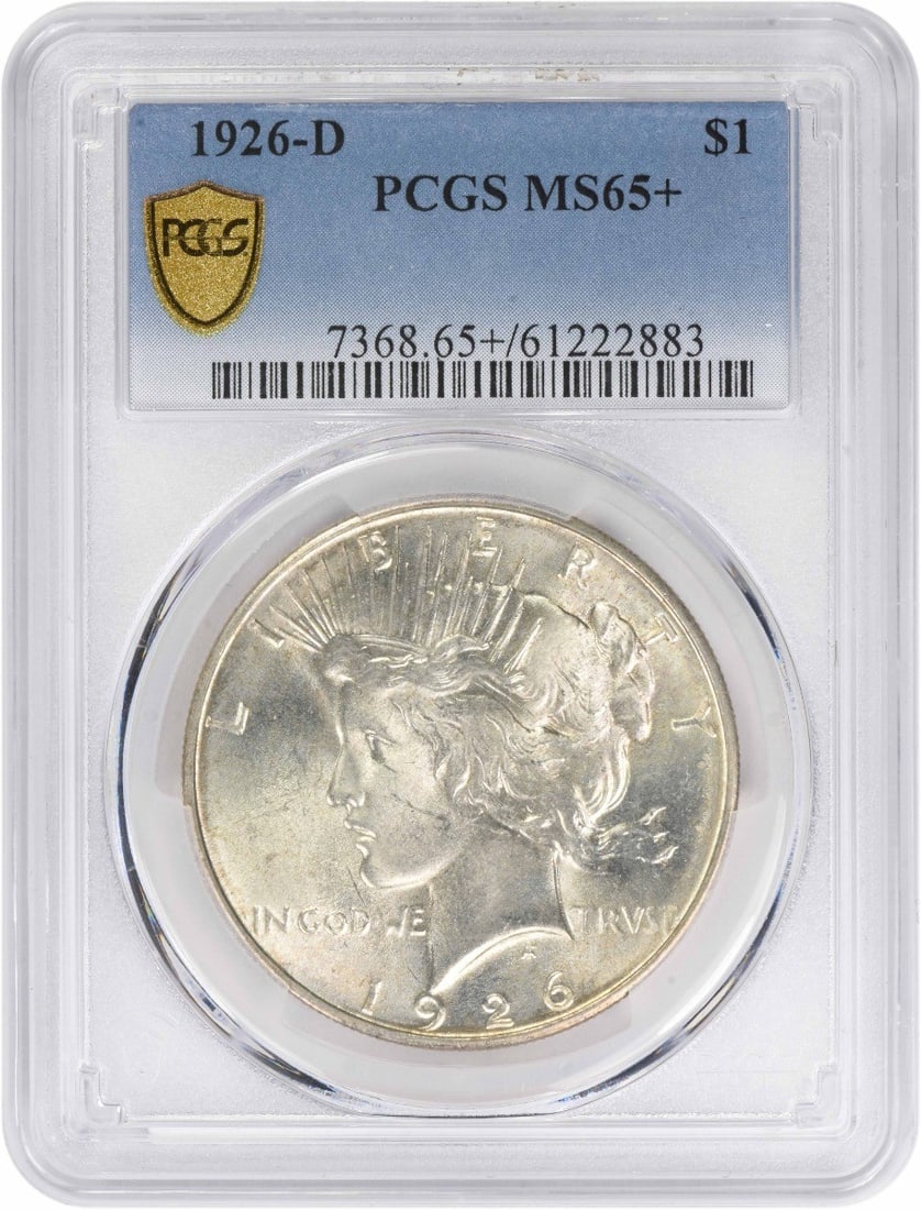 PCGS MS65+ 1926 Denver Mint Peace Dollar 90 Percent Silver Coin: PCGS MS65+ 1926 Denver Mint Peace Dollar 90 Percent Silver Coin This 1926-D Peace Silver Dollar is graded MS65+ by PCGS, indicating it is an uncirculated coin with outstanding luster and minimal marks