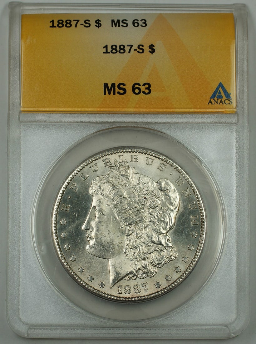 San Francisco Mint 1887-S Morgan Dollar Silver ANACS MS-63 Uncirculated: San Francisco Mint 1887-S Morgan Dollar Silver ANACS MS-63 Uncirculated This is an 1887-S Morgan Silver Dollar Coin, certified by ANACS with a grade of MS-63. It is an uncirculated coin composed of si
