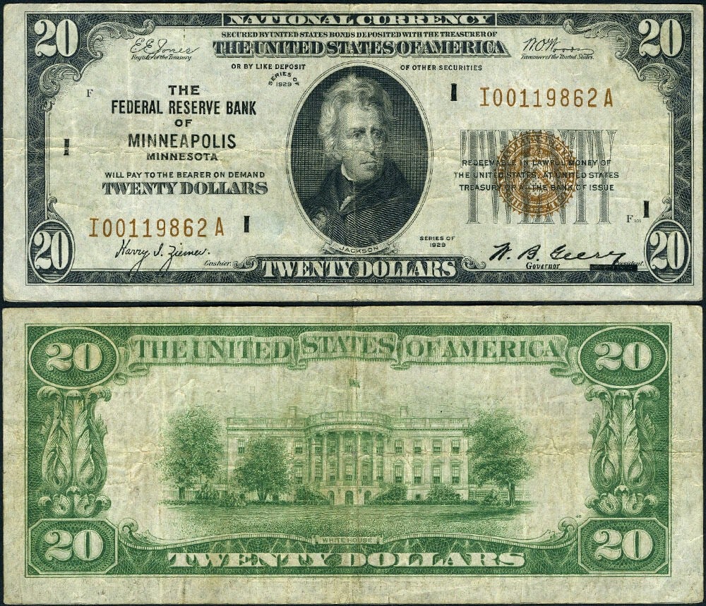 1929 $20 Federal Reserve Bank Note Minneapolis I-A Block VF FR 1870 I (1 of 3)