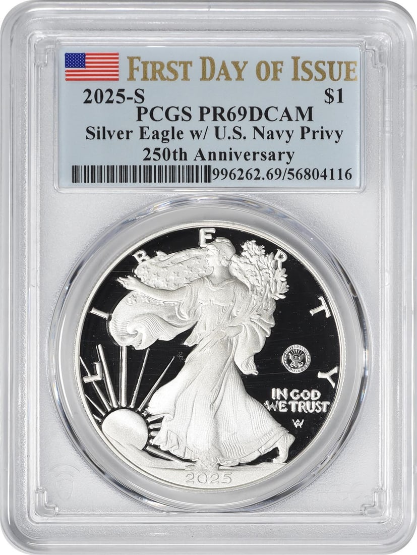 2025-S American Silver Eagle Navy Privy 250th Anniversary PR69DCAM: 2025-S American Silver Eagle Navy Privy 250th Anniversary PR69DCAM Celebrate the 250th Anniversary of the U.S. Navy with this stunning 2025-S American Silver Eagle coin. This proof coin, struck by