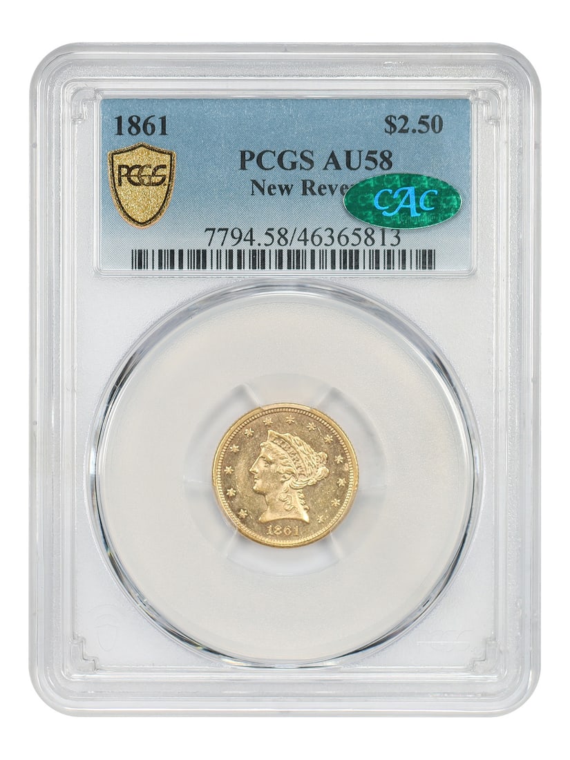 PCGS CAC AU58 1861 Liberty Head $2.50 Gold Coin New Reverse: PCGS CAC AU58 1861 Liberty Head $2.50 Gold Coin New Reverse This 1861 Liberty Head $2.5 gold coin is certified by PCGS and CAC with a grade of AU58. The coin features untarnished, lemon-gold surfaces