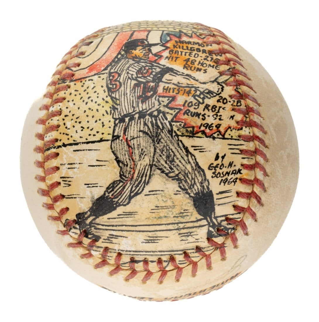 Harmon Killebrew Signed Folk Art Baseball by George Sosnak 1964: Harmon Killebrew Signed Folk Art Baseball by George Sosnak 1964 This beautiful hand-painted baseball serves as an elaborate folk-art tribute to baseball legend Harmon Killebrew, created by former