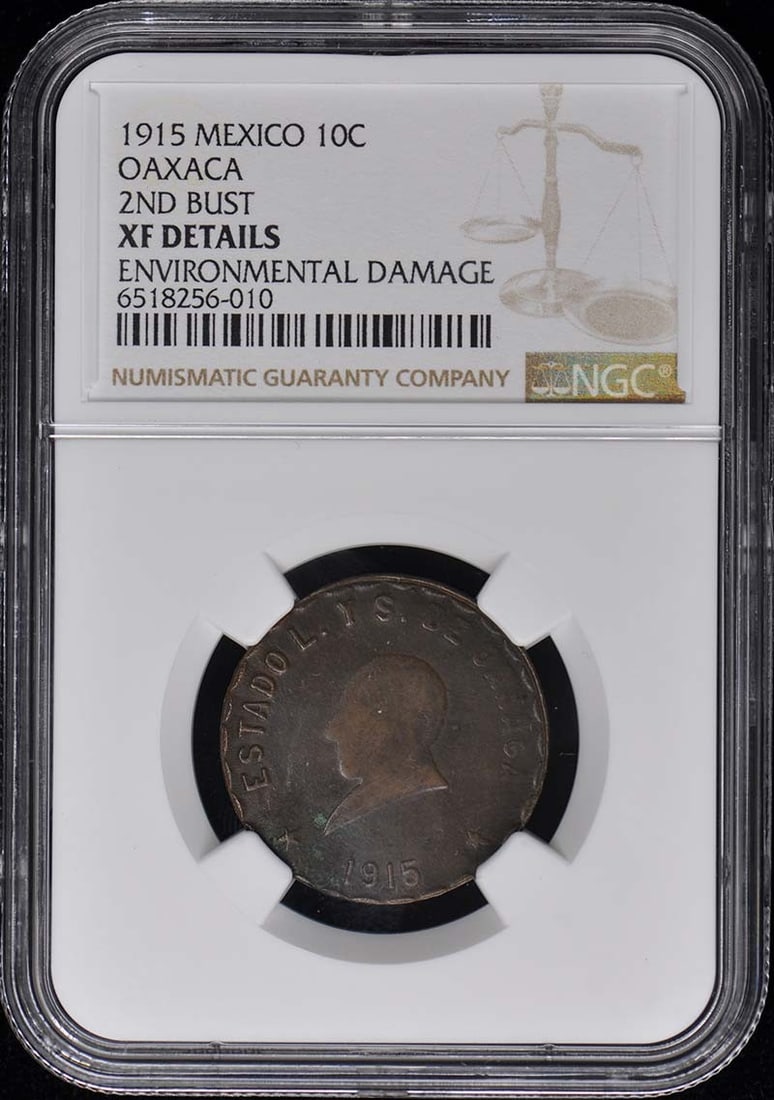 1915 Mexico Oaxaca 10C Coin NGC XF Details Certified: 1915 Mexico Oaxaca 10C Coin NGC XF Details Certified This 1915 Mexico Oaxaca 10 Centavos coin is graded as XF (Extra Fine) Details by NGC, ensuring its quality and authenticity. The coin, which is in