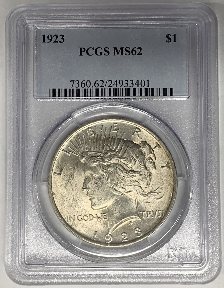 PCGS MS 62 1923 Peace Dollar Silver Coin United States Certified: PCGS MS 62 1923 Peace Dollar Silver Coin United States Certified This 1923 Peace Silver Dollar coin is graded MS 62 by PCGS. It is an uncirculated coin from the United States with a $1 denomination an