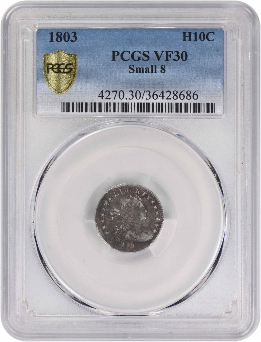 1803 Draped Bust Silver Half Dime VF30 PCGS Certified: 1803 Draped Bust Silver Half Dime VF30 PCGS Certified This 1803 Bust Silver Half Dime is a notable piece from the United States, showcasing the exquisite Draped Bust design by Robert Scot. This coin,