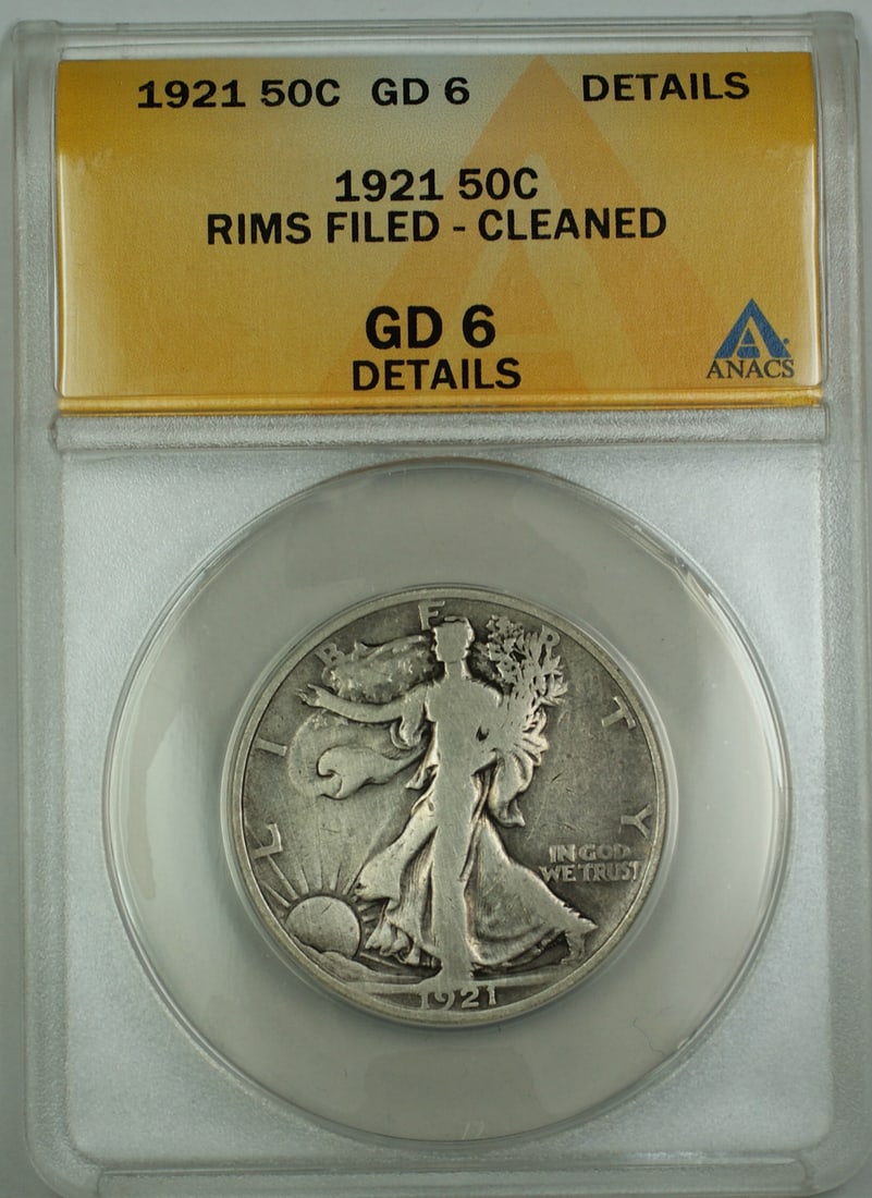 1921 Walking Liberty Half Dollar Silver Coin ANACS GD-6 Philadelphia: 1921 Walking Liberty Half Dollar Silver Coin ANACS GD-6 Philadelphia This 1921 Walking Liberty Silver Half Dollar is graded GD-6 by ANACS and features a circulated condition. Minted in Philadelphia, t