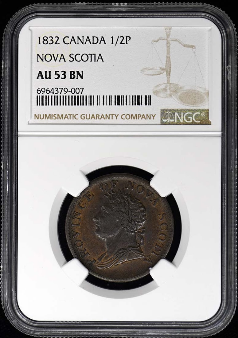 NGC AU53 1832 Nova Scotia Half Penny Token from Canada: NGC AU53 1832 Nova Scotia Half Penny Token from Canada This 1832 Canada Half Penny Token from Nova Scotia is certified by NGC with a grade of AU53BN. It is a pre-owned collectible coin originating fro