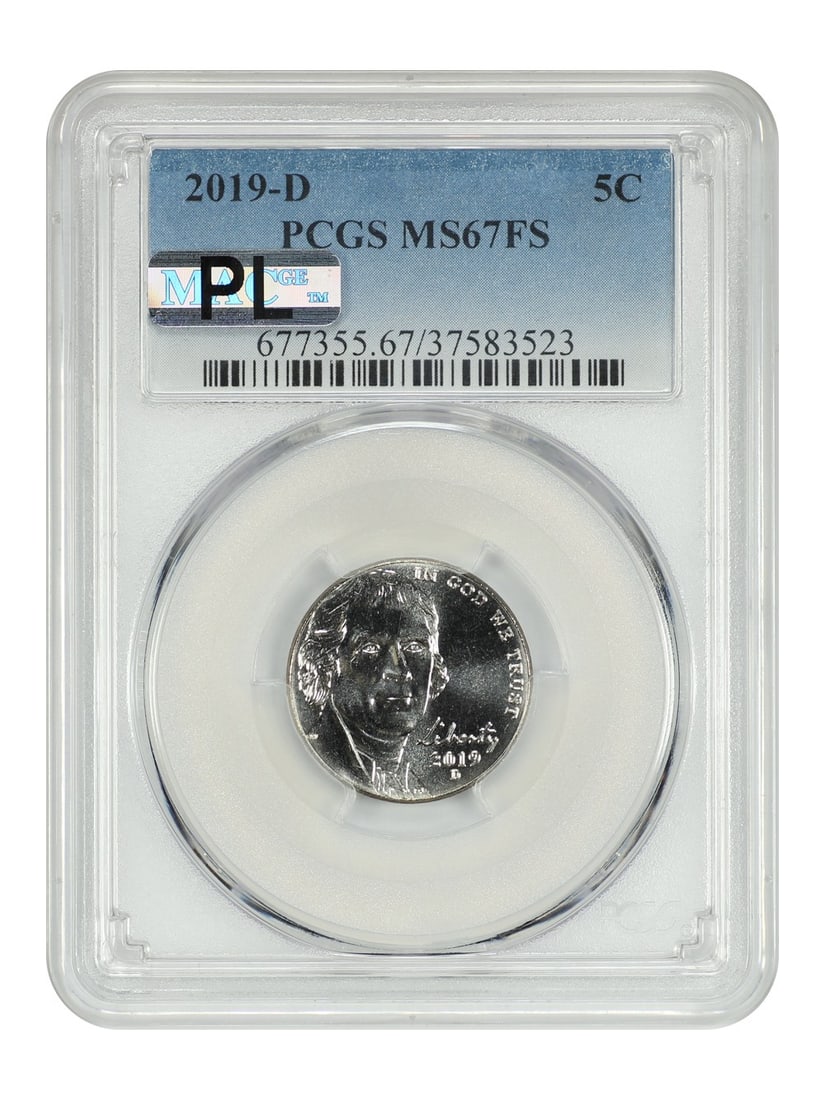 PCGS MS67FS 2019 Denver Jefferson Nickel Five Cent Coin: PCGS MS67FS 2019 Denver Jefferson Nickel Five Cent Coin This is a 2019-D Jefferson Nickel graded MS67FS by PCGS. The coin is uncirculated and features the Full Steps designation, indicating sharp deta