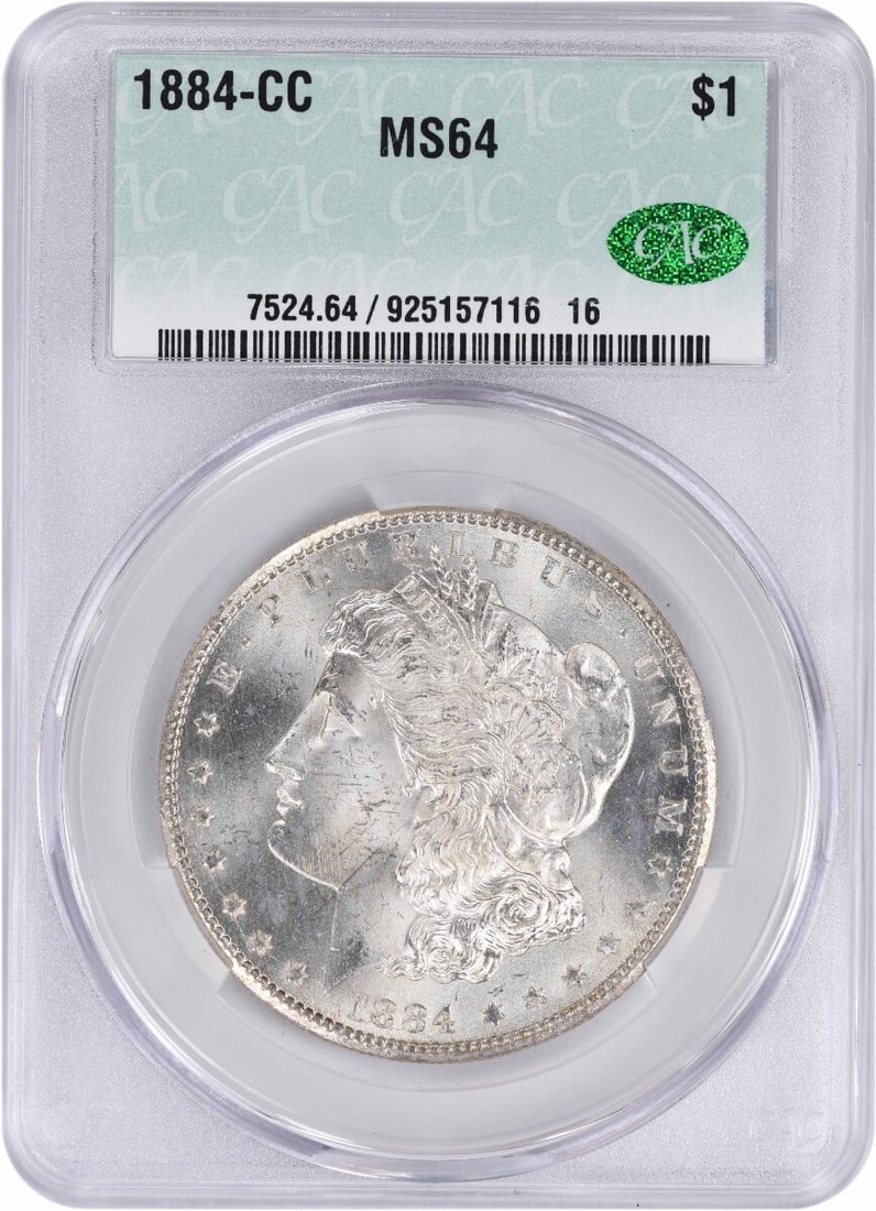 MS64 CACG Certified 1884 Carson City Morgan Silver Dollar: MS64 CACG Certified 1884 Carson City Morgan Silver Dollar This 1884-CC Morgan Silver Dollar is a classic collectible coin from the United States, minted in Carson City. Certified by CACG and graded MS