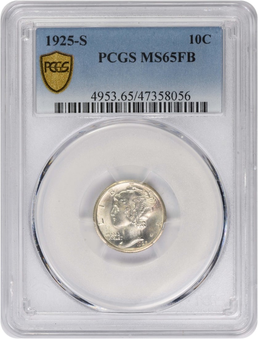 PCGS MS65FB 1925 San Francisco Mercury Dime 90 Percent Silver: PCGS MS65FB 1925 San Francisco Mercury Dime 90 Percent Silver This 1925-S Mercury Dime is certified MS65FB by PCGS, indicating an uncirculated condition with full bands on the reverse. Struck at the S