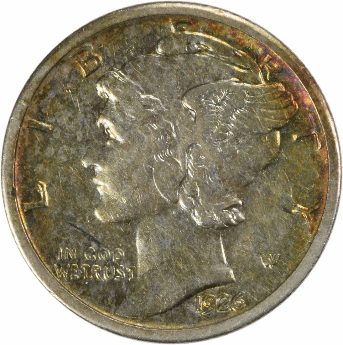 1926-S Mercury Dime 90% Silver Uncertified by Adolph Weinman: 1926-S Mercury Dime 90% Silver Uncertified by Adolph Weinman This 1926-S Mercury Silver Dime is a circulated coin, showcasing the classic design by Adolph Alexander Weinman. Minted in San Francisco, t
