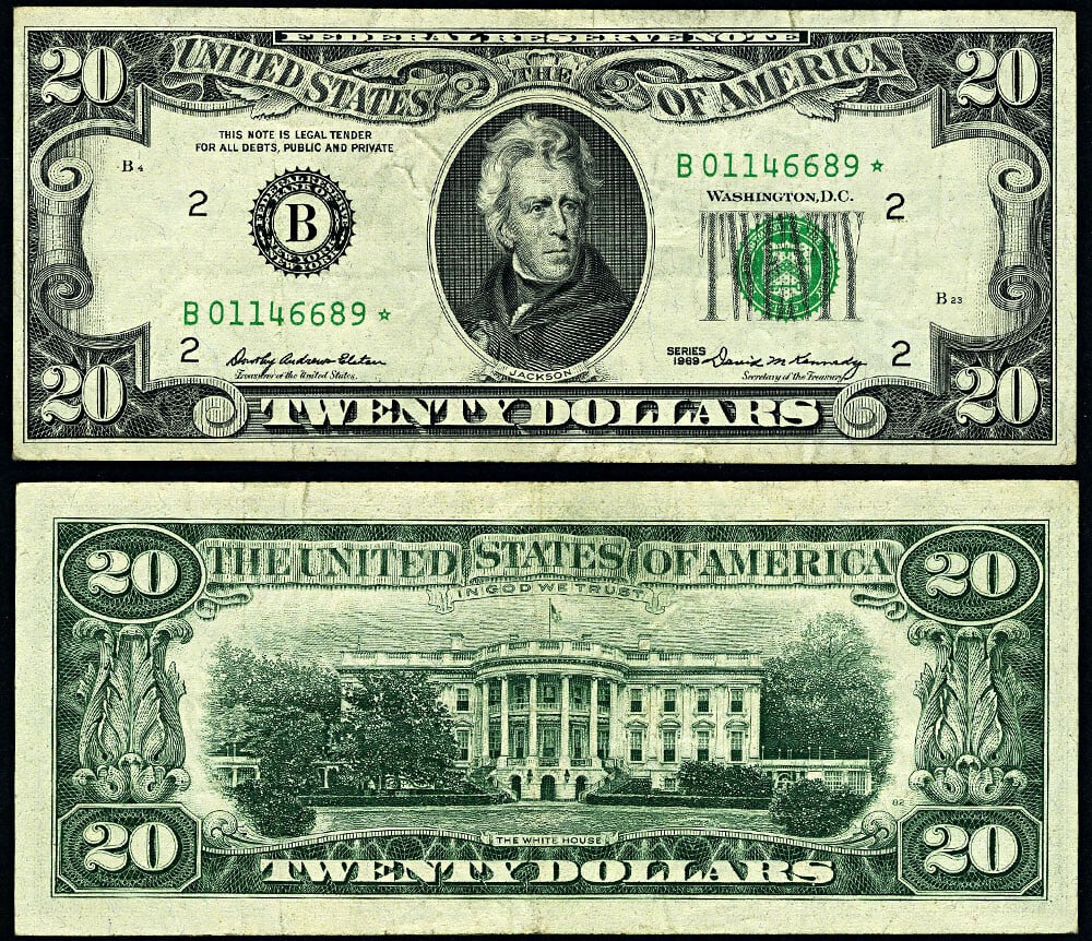 1969 $20 Federal Reserve Note New York B* Block VF Star (1 of 3)