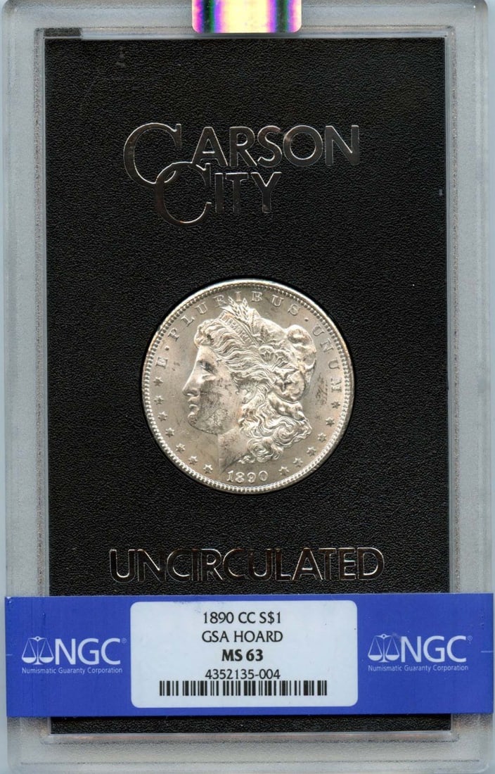 NGC MS63 1890 Carson City Morgan Silver Dollar GSA Hoard S$1: NGC MS63 1890 Carson City Morgan Silver Dollar GSA Hoard S$1 This is an 1890-CC Morgan Dollar from the GSA Hoard, certified by NGC with a grade of MS63. The coin was minted in Carson City and remains