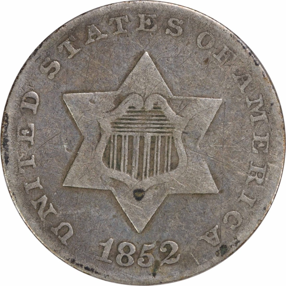 1852 Three Cent Silver Coin Uncertified Philadelphia Mint: 1852 Three Cent Silver Coin Uncertified Philadelphia Mint This 1852 Three Cent Silver coin is a captivating piece of American numismatic history. Struck at the Philadelphia Mint, it features a composi