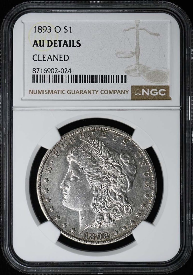 NGC AU Details 1893 New Orleans Morgan Silver Dollar: NGC AU Details 1893 New Orleans Morgan Silver Dollar This is an 1893-O Morgan Dollar graded AU Details by NGC. Struck at the New Orleans Mint, this uncirculated silver dollar is a collectible piece fr