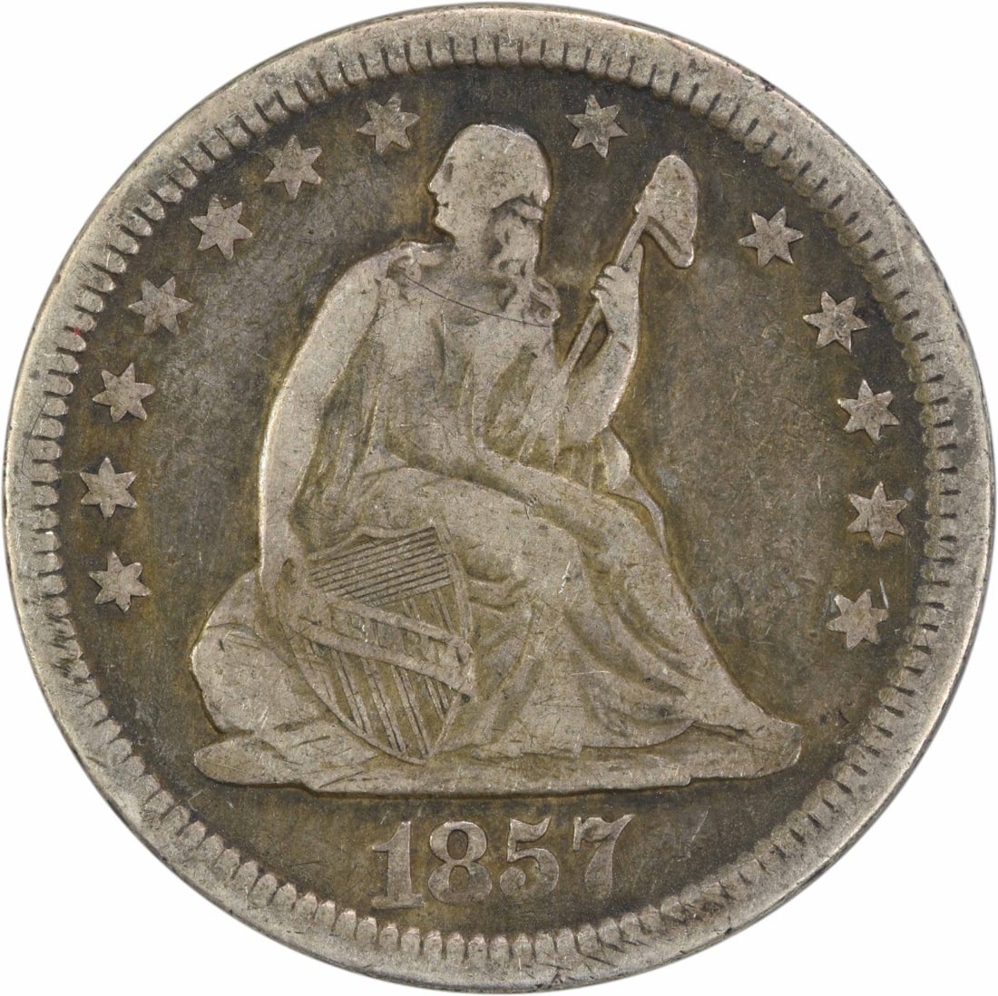 1857 Liberty Seated Quarter 90% Silver VF Uncertified Philadelphia Mint: 1857 Liberty Seated Quarter 90% Silver VF Uncertified Philadelphia Mint This 1857 Liberty Seated Silver Quarter features a beautiful design by Robert Ball Hughes and Christian Gobrecht. Made from 90%