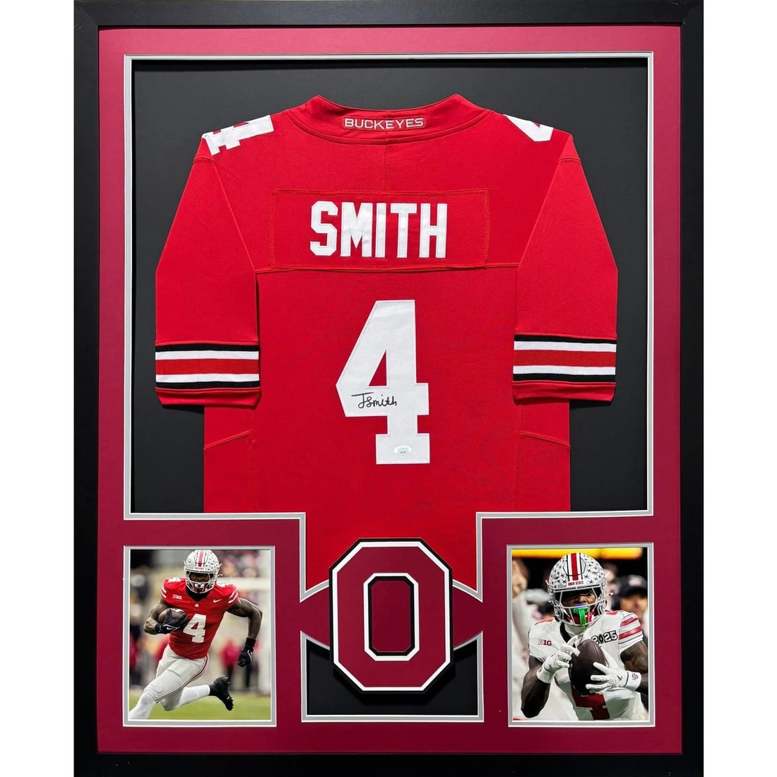 Jeremiah Smith Signed Framed Jersey JSA Authenticated Ohio State: Jeremiah Smith Signed Framed Jersey JSA Authenticated Ohio State This is an autographed framed jersey of Jeremiah Smith, featuring the iconic Ohio State logo. The jersey comes with authentication from