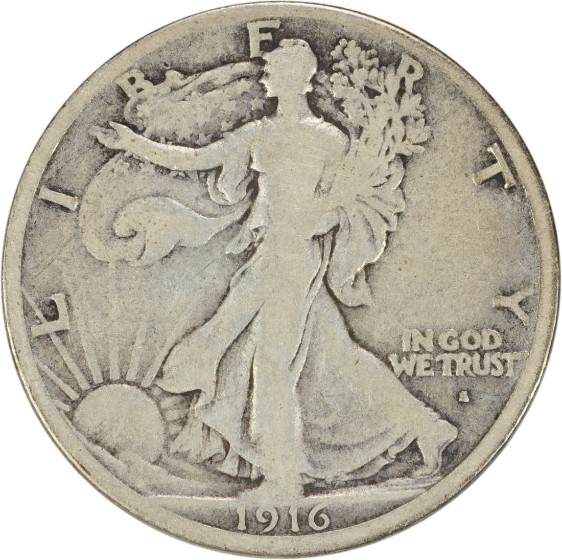 1916 San Francisco Walking Liberty 50 Cent Silver Coin Fine Grade Uncertified: 1916 San Francisco Walking Liberty 50 Cent Silver Coin Fine Grade Uncertified This 1916-S Walking Liberty Half Dollar is a circulated coin from the United States, minted in San Francisco. Designed by