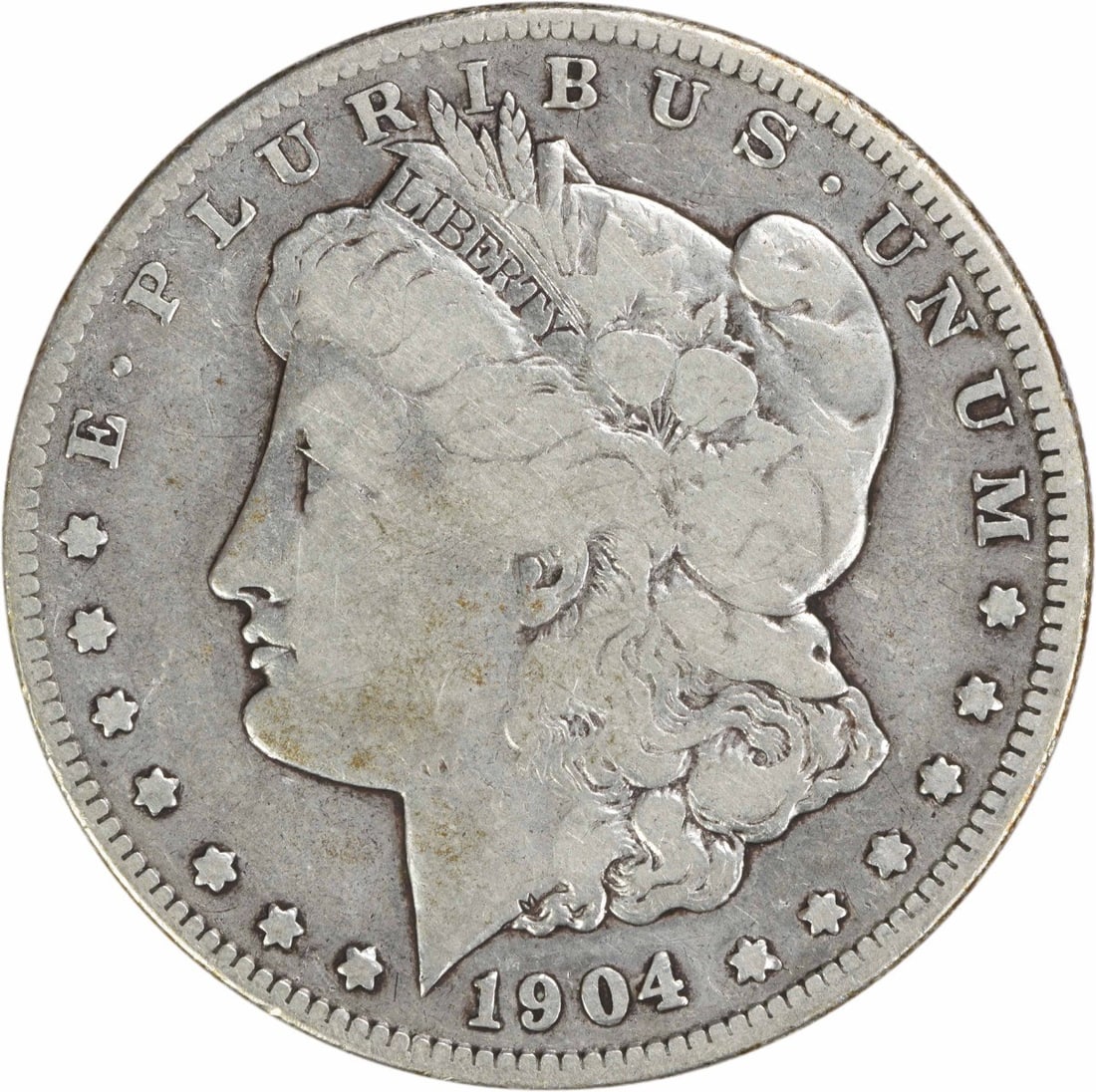 1904-S Morgan Silver Dollar by George T. Morgan 90% Silver: 1904-S Morgan Silver Dollar by George T. Morgan 90% Silver This 1904-S Morgan Silver Dollar is a remarkable piece of numismatic history, featuring a composition of 90% silver and 10% copper. Struck at
