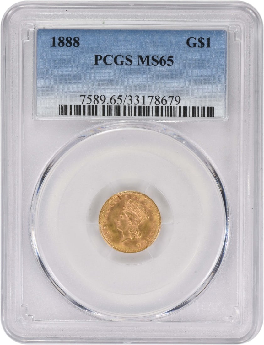MS65 PCGS Certified 1888 Gold Dollar Type 3 United States Coin: MS65 PCGS Certified 1888 Gold Dollar Type 3 United States Coin This 1888 $1 Gold Type 3 coin is graded MS65 by PCGS and remains uncirculated. Minted in Philadelphia, it features a reeded edge and was