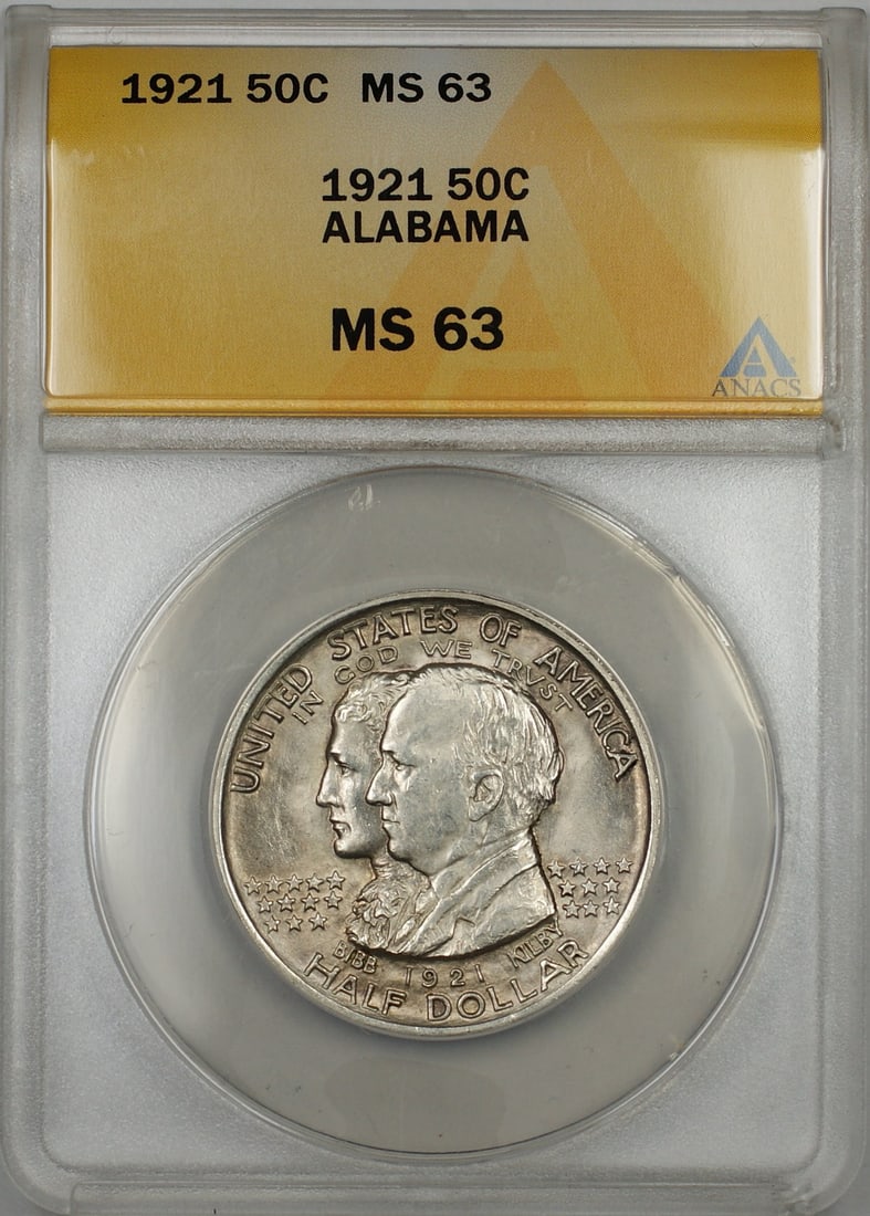 ANACS MS-63 1921 Alabama Silver Half Dollar 50 Cent Commemorative Coin: ANACS MS-63 1921 Alabama Silver Half Dollar 50 Cent Commemorative Coin This is a 1921 Alabama Commemorative Silver Half Dollar 50 cent coin, certified by ANACS with a grade of MS 63. It was minted in
