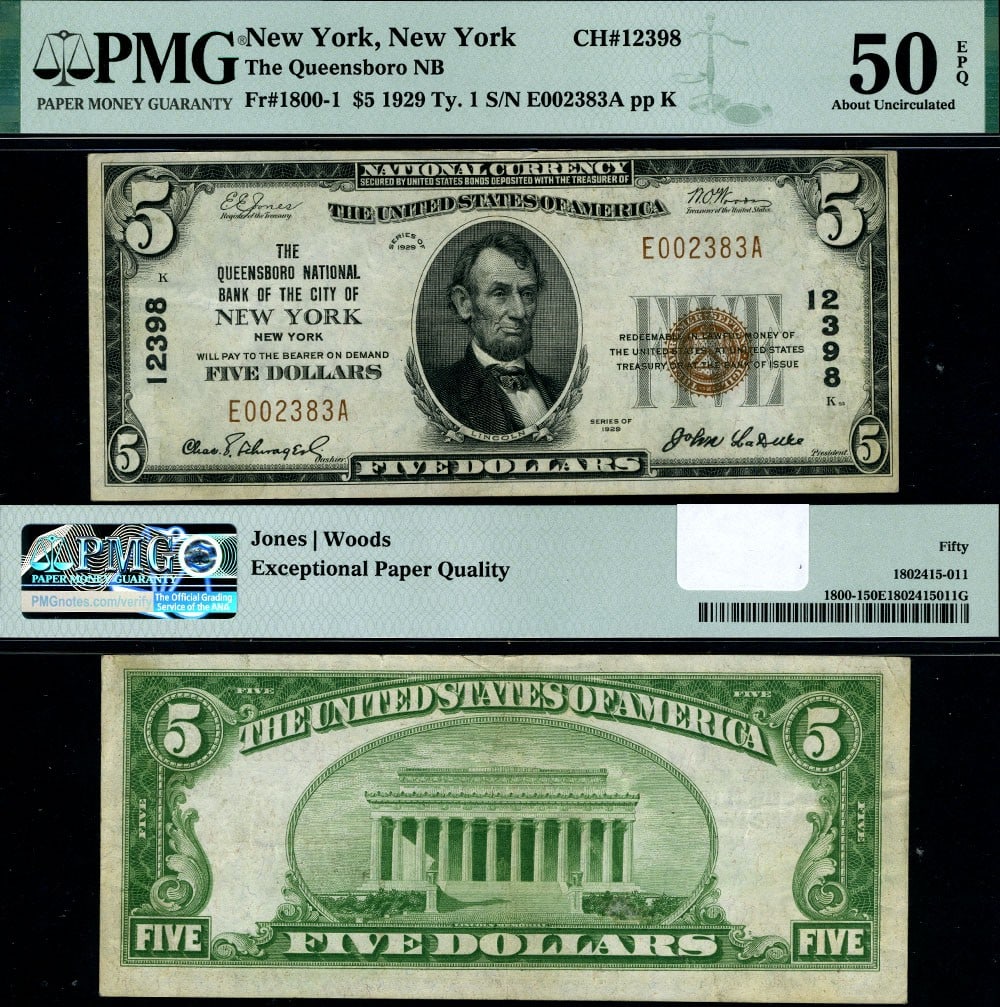 $5 1929 Ty 1 National Bank Note PMG AU50 EPQ Queensboro NY: $5 1929 Ty 1 National Bank Note PMG AU50 EPQ Queensboro NY This rare 1929 Type 1 National Bank Note features a denomination of $5 from the Queensboro National Bank of New York. Graded AU50 EPQ by PMG,
