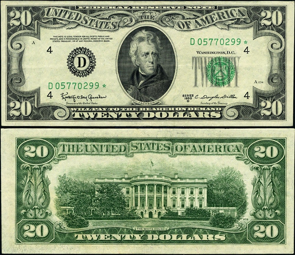 1950-D $20 Federal Reserve Note Cleveland XF Star D* Block: 1950-D $20 Federal Reserve Note Cleveland XF Star D* Block This 1950-D Federal Reserve Note from the Cleveland District is a circulated $20 denomination note graded as XF (Extremely Fine). It features
