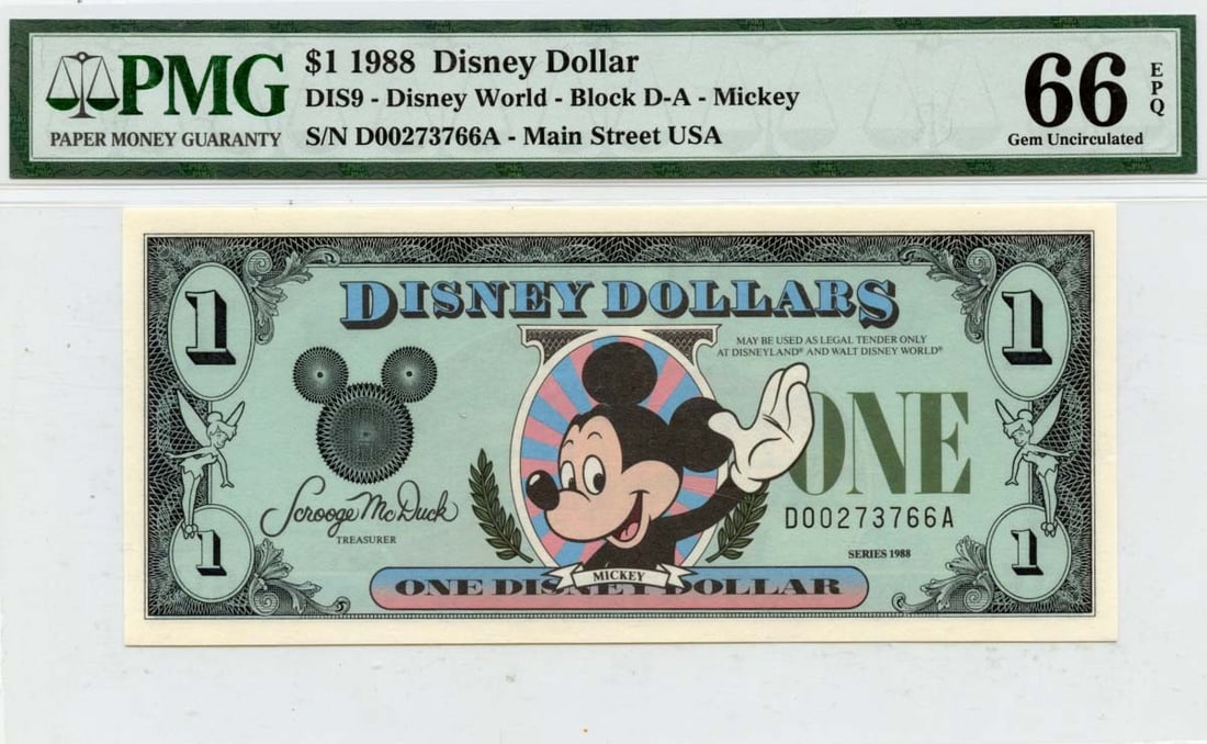 PMG Gem 66 EPQ 1988 Disney Dollar Mickey Mouse DIS9: PMG Gem 66 EPQ 1988 Disney Dollar Mickey Mouse DIS9 This 1988 $1 Disney Dollar features Mickey Mouse and is certified by PMG with a grade of Gem 66 EPQ. The note is uncirculated and originates from th