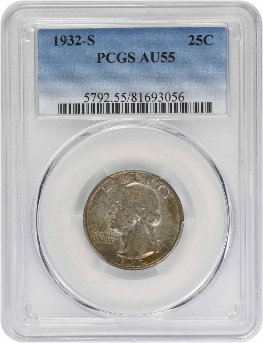 AU55 PCGS 1932 San Francisco Washington 25C Silver Coin: AU55 PCGS 1932 San Francisco Washington 25C Silver Coin This is a 1932-S Washington Quarter graded AU55 by PCGS. Struck at the San Francisco Mint, this silver coin is composed of 90% silver and 10% co