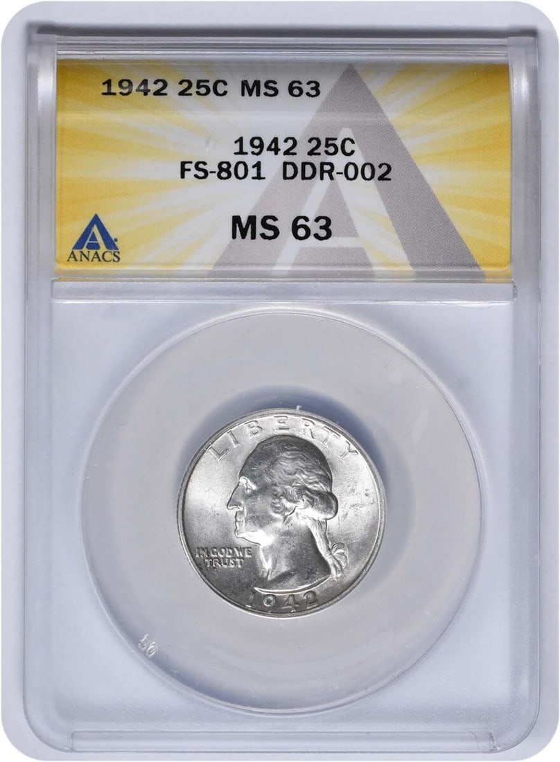 1942 Washington Quarter DDR FS-801 ANACS MS63 Silver Coin: 1942 Washington Quarter DDR FS-801 ANACS MS63 Silver Coin This 1942 Washington Quarter is a remarkable piece of numismatic history, certified by ANACS with a grade of MS63. Struck at the Philadelphia