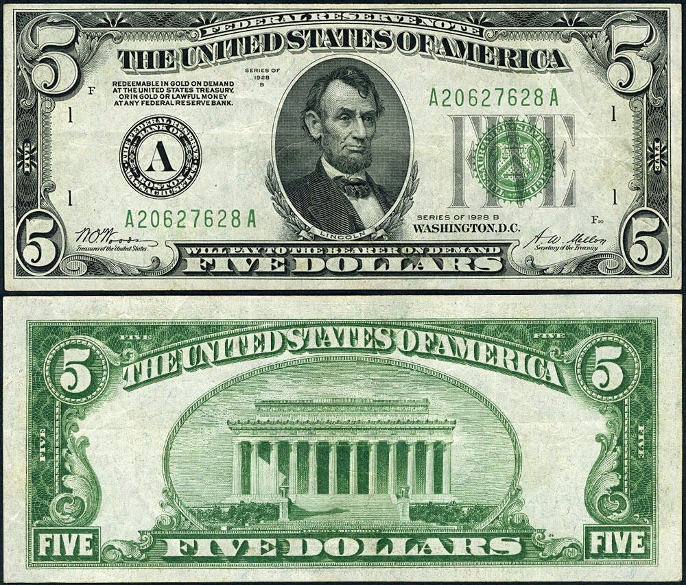 1928-B $5 Federal Reserve Note Boston A-A Block XF Circulated (1 of 3)