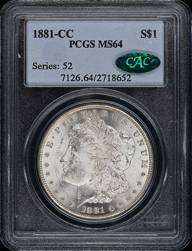 PCGS MS64 CAC Carson City 1881 Morgan Silver Dollar: PCGS MS64 CAC Carson City 1881 Morgan Silver Dollar This is an 1881 Morgan Dollar minted at the Carson City Mint, certified by PCGS with a grade of MS64 and approved by CAC. The coin is uncirculated a