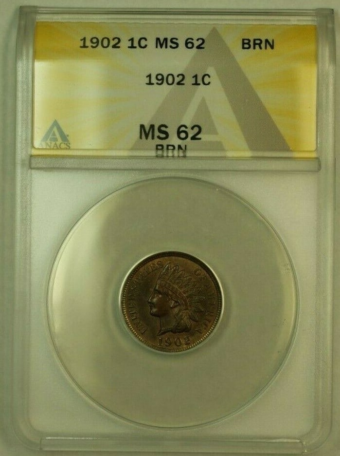 ANACS MS-62 Brown 1902 Indian Head Cent Uncirculated Small Copper Penny: ANACS MS-62 Brown 1902 Indian Head Cent Uncirculated Small Copper Penny This is a 1902 Indian Head Cent, certified by ANACS with a grade of MS-62 Brown (BN). Struck in copper at the Philadelphia Mint,