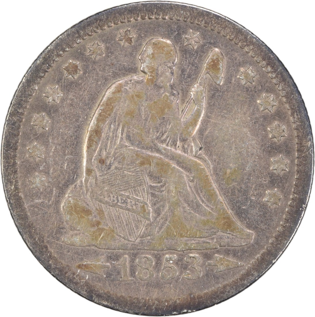 1853 Liberty Seated Silver Quarter 25C Arrows Rays Uncertified: 1853 Liberty Seated Silver Quarter 25C Arrows Rays Uncertified This 1853 Liberty Seated Silver Quarter features the Arrows and Rays design, showcasing the craftsmanship of renowned designers Robert Ba