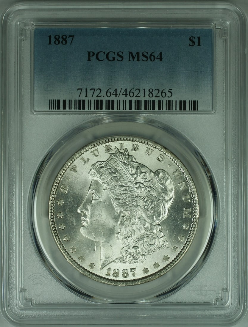 PCGS MS-64 1887 Morgan Dollar Silver Coin from Philadelphia: PCGS MS-64 1887 Morgan Dollar Silver Coin from Philadelphia This 1887 Morgan Silver Dollar features a PCGS certification with a grade of MS-64, indicating a high-quality uncirculated example. Struck i