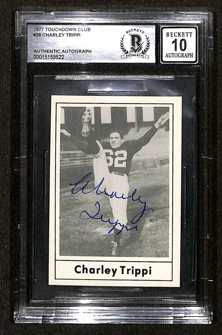 1977 Touchdown Club 28 Football Card Signed by Charley Trippi Beckett Auto 10: 1977 Touchdown Club 28 Football Card Signed by Charley Trippi Beckett Auto 10 This is an original 1977 Touchdown Club #28 sports trading card featuring Charley Trippi of the Chicago Cardinals. The car